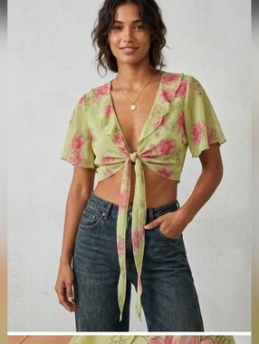 Vintage Y2K Sheer Floral Tie Front Shrug Fairycore Pastel Green Pink Bolero